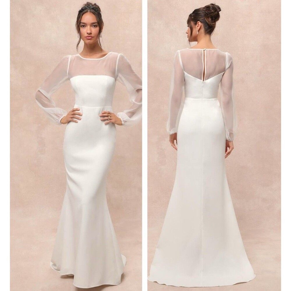 Lulus Immaculate Romance White Sheer Organza Long Sleeve Maxi Dress Large Bridal